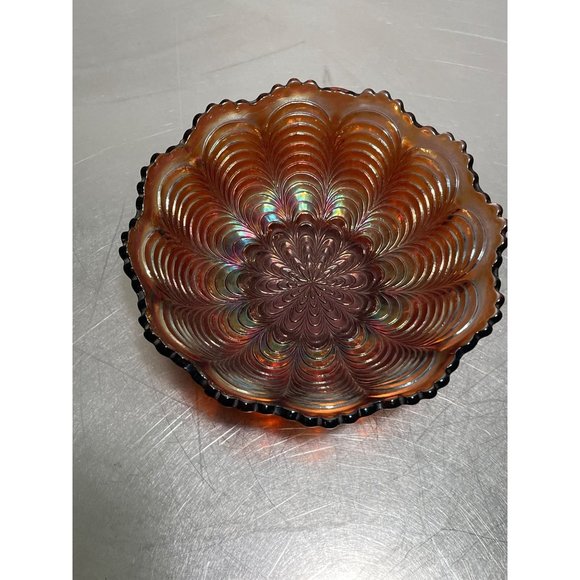 Vintage Fenton Carnival Glass Bowl Ruffled Scallop Edge Peacock Design - Picture 1 of 8